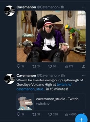 Size: 828x1127 | Tagged: safe, cavemanon, goodbye volcano high, photograph, pirate from spongebob, reaction image, snoot game reference, text, twitter screencap