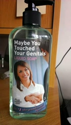 Size: 541x960 | Tagged: suggestive, handshake, irl photo, joke label, pump dispenser, soap, text, woman